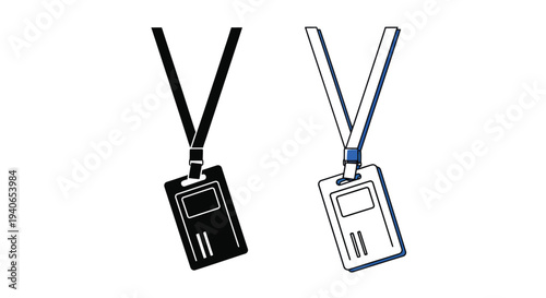 Two depictions of an identification badge with lanyard one black and one white