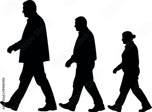 Silhouettes of three people walking in a line vector illustration
