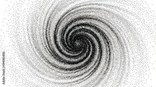 Grayscale abstract spiral of tiny dots forming a vortex shape against a white background, suggestive of a galaxy or energy flow