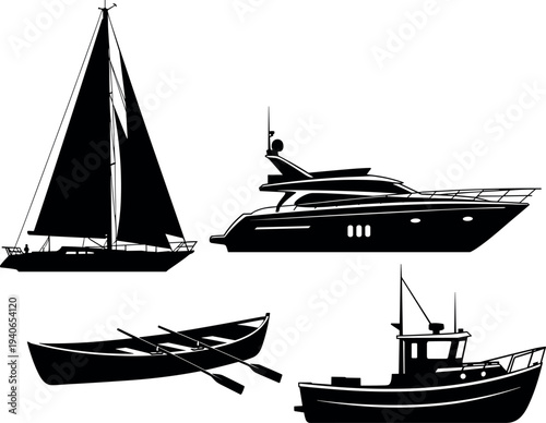 Sailboat, yacht, rowboat, and fishing boat silhouettes vector illustration