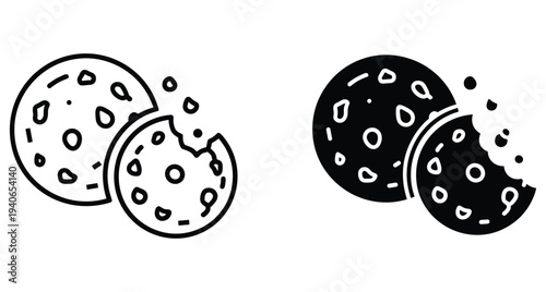 Chocolate chip cookies bitten biscuit snack icon set with crumbs sweet dessert food bakery symbol outline and solid black silhouette style