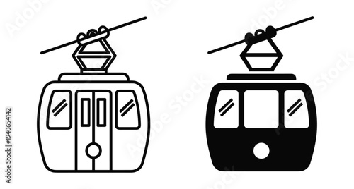 Cable car gondola icon set featuring outline and solid silhouette designs for mountain transport ski resort travel and urban transit systems