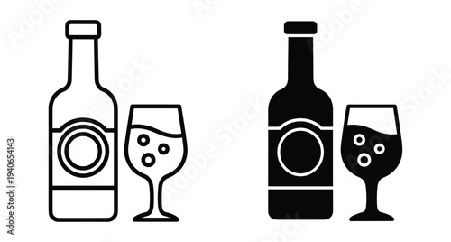 Bottle and glass icons set featuring outline and solid black silhouette styles for beverage drink alcohol beer soda and liquid refreshment