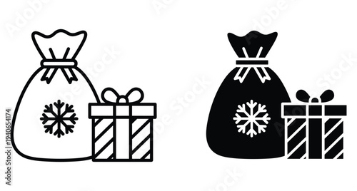 Christmas santa sack and gift box icon set in outline and solid style for winter holiday celebration seasonal decoration and festive