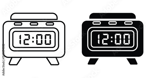 Digital alarm clock icon set showing twelve noon with outline and solid black versions for time management and morning wake up