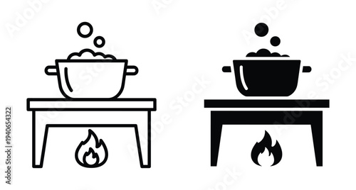Cooking pot on stove with fire and steam bubbles icon set in outline and solid black style for kitchen food preparation
