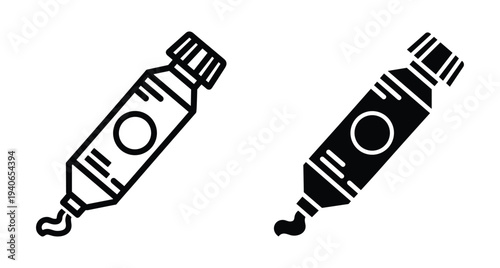 paint tube icon set for artist supplies including oil acrylic and watercolor pigments in outline and solid black vector graphic styles