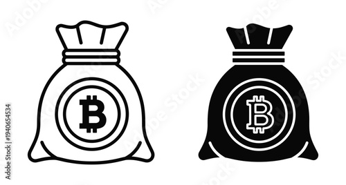 Bitcoin money bag icon set with outline and solid versions representing cryptocurrency wealth digital finance investment savings blockchain technology and profit