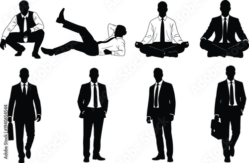 Businessman Silhouette Collection Sitting Relaxing Walking and Standing Professional Male Office Worker Vector Set
