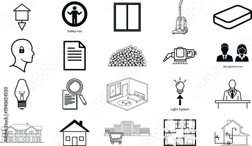 Collection of architectural design elements and icons representing brainstorming, planning, and building concepts in a simple, line-art style