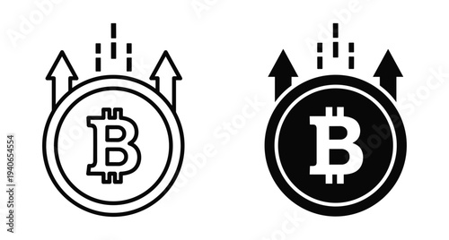 Bitcoin cryptocurrency coin growth icon set with upward arrows representing market value increase financial profit digital asset investment success and trading progress