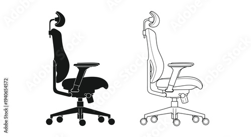 Two ergonomic office chairs shown in black and white silhouettes