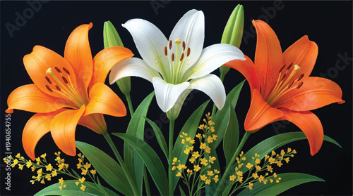 Close-up illustration of a bouquet with three large lilies, one white and two orange, with green leaves and small yellow flowers against a dark background