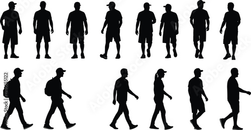 Collection of walking people silhouettes set isolated on white background, men and women casual walking poses
