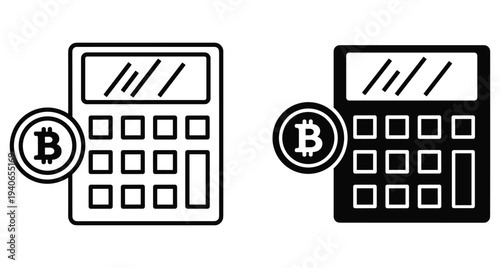 Bitcoin calculator icon set showing digital currency exchange rate calculation tools for cryptocurrency trading finance accounting and blockchain investment profit tracking