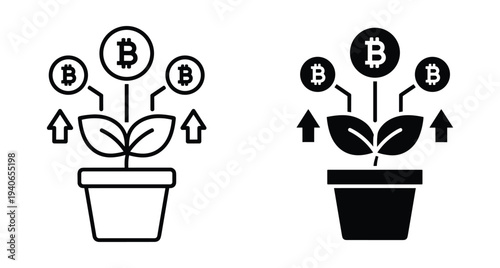 Bitcoin growth icon set showing plant in pot with cryptocurrency coins and upward arrows representing financial investment profit and digital wealth