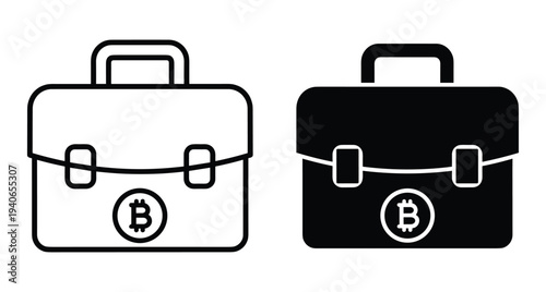 Bitcoin briefcase icon set featuring outline and solid styles for cryptocurrency storage digital wallet finance business investment and blockchain technology assets