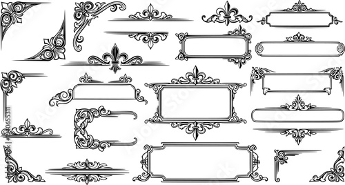 Solid black ornamental flourish and swirl design, elegant decorative scroll motif for vintage borders and luxury frames vector illustration.