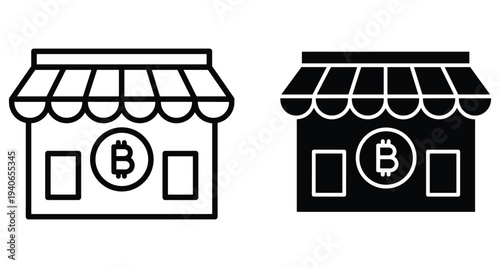 Bitcoin shop icon set featuring outline and solid storefront designs representing cryptocurrency retail business digital payment acceptance and crypto marketplace commerce