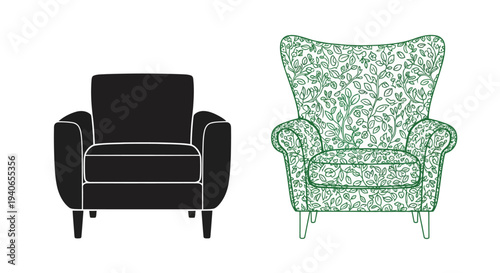 Two views of a floral armchair outlined and patterned versions