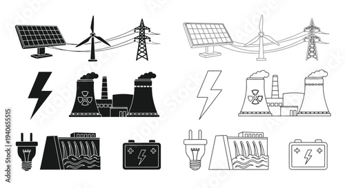 Renewable and traditional energy sources illustrated in a black and white design