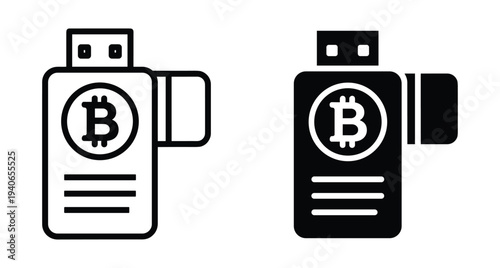 Bitcoin hardware wallet icon set featuring USB drive storage for cryptocurrency security digital assets blockchain technology offline cold storage device symbols