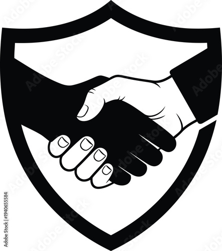 Handshake within a shield silhouette logo on white background