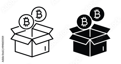 Bitcoin cryptocurrency coins falling into open cardboard box icons representing digital currency storage investment delivery finance blockchain technology and electronic payment