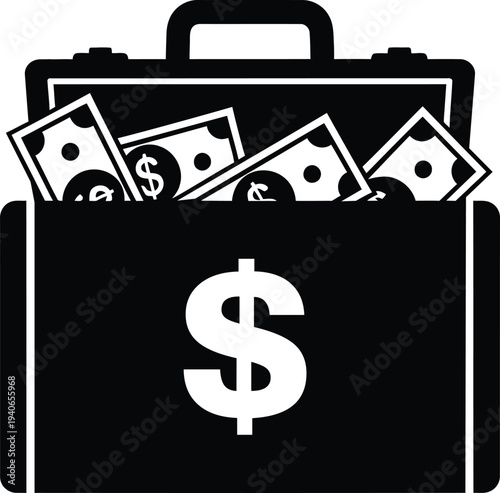 Silhouette of a briefcase filled with money and dollar sign on white background