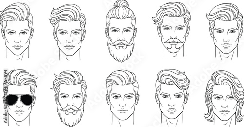 Men Hairstyles and Beard Styles Collection Male Face Haircuts Mustache Barber Line Art Vector Set