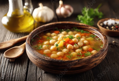 Hearty Chickpea Soup with Vegetables in a Rustic Wooden Bowl.