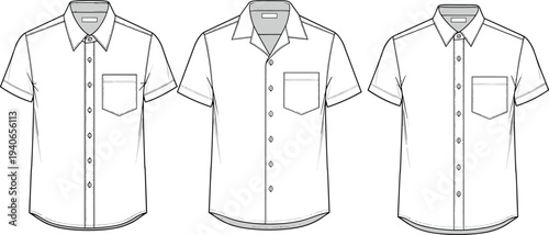 Men Short Sleeve Button Up Shirt Technical Fashion Template Front View Vector Illustration Set