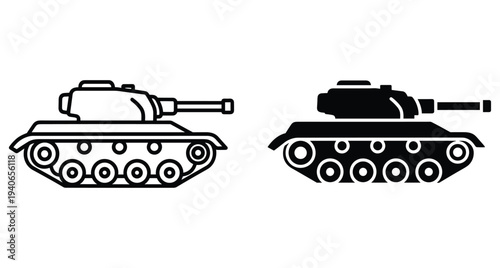 Military tank icon set featuring armored combat vehicle silhouettes with turret and cannon for war games defense and army military tank
