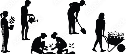 Gardening silhouettes teamwork, people planting seedlings, watering plants, digging soil, pushing wheelbarrow, holding potted plant, community garden work, environmental conservation activity