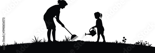 Gardening silhouettes, adult and child, environmental care, teamwork concept, watering plants, raking soil, outdoor activity, family cooperation, sustainability, nature illustration