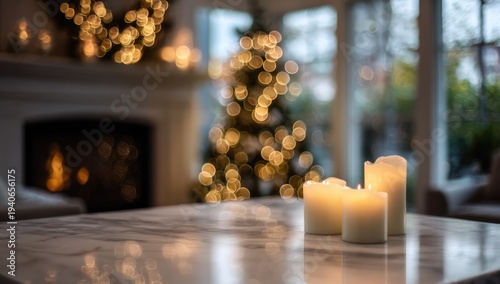 Cozy Christmas Eve Scene with Lit Candles and Blurry Tree in Background.