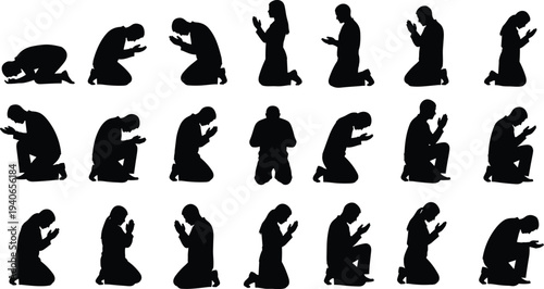 People Praying Silhouette Set Kneeling Human Prayer Poses Religious Worship Vector Illustration Collection