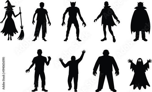 Halloween silhouette characters, witch zombie werewolf vampire, Dracula ghost monster figures, spooky horror illustration, supernatural theme showcase, festive celebration inspiration design