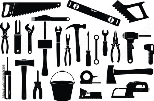 Hand tools silhouette collection with hammer, saw, wrench, screwdriver, pliers and construction equipment icons isolated on white background