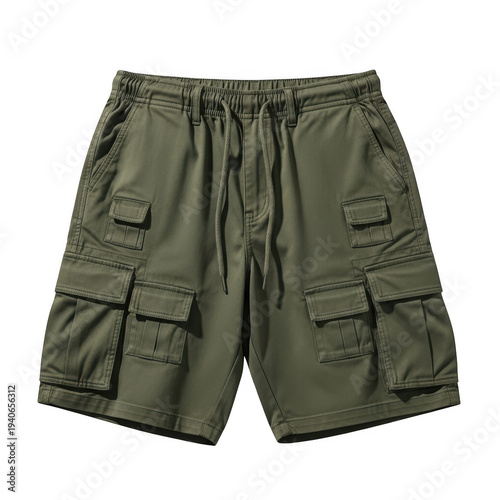 Olive green cargo shorts with multiple pockets isolated on transparent background