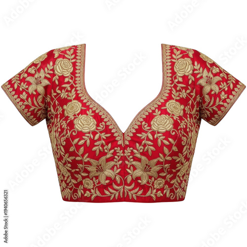 Red and gold embroidered blouse with v-neckline isolated on transparent background