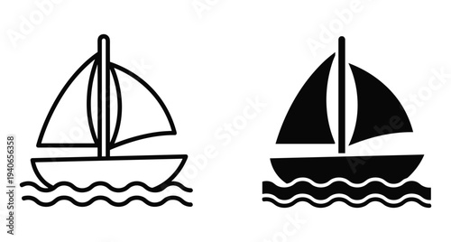 Sailboat icon set featuring outline and solid black silhouettes of sailing boats on ocean waves for nautical travel and marine transport