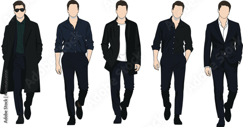 Stylish Walking Men in Modern Fashion Outfits Casual and Formal Male Character Vector Collection