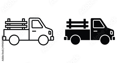 Pickup truck icon set with wooden rack for farm delivery and utility transport services in outline and solid black vector styles