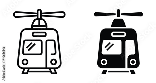 Helicopter icon set featuring front view aircraft with rotor blades in outline and solid black glyph styles for transportation and aviation design