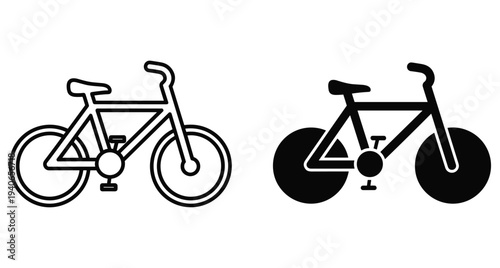 Bicycle icon set featuring outline and solid black silhouette designs for cycling transportation sports fitness urban mobility and eco friendly travel