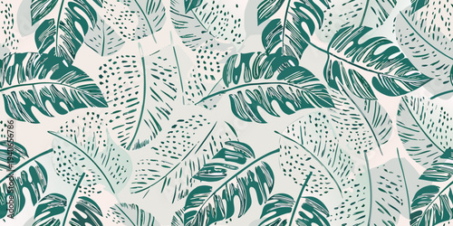 Seamless pattern of tropical monstera leaves in shades of teal and green