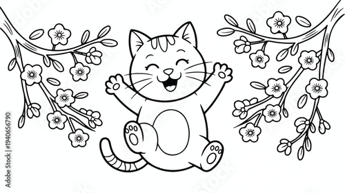 A happy cartoon cat sitting under a blooming cherry blossom tree branch  joyful feline friend