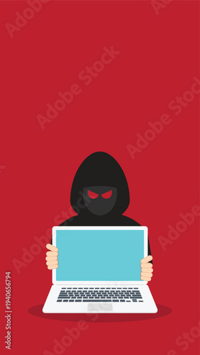 Hacker Holding Laptop with Red Eyes – Cybersecurity Threat, Cybercrime, Malware Attack Concept, Anonymous Hooded Hacker, Data Breach and Online Security Risk Vector Illustration