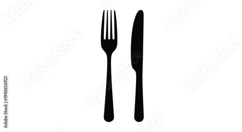 Simple black silhouette of a fork and knife against a white background